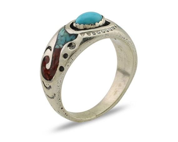 Navajo Ring 925 Silver Turquoise & Coral Natural … - image 2