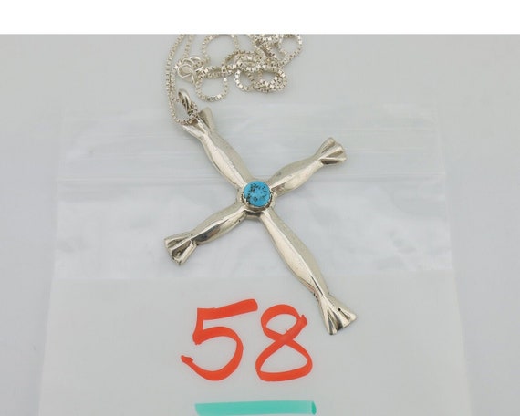 Navajo Sandcast Cross Necklace 925 Silver Turquoi… - image 9