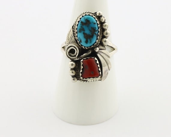 Navajo Ring .925 Silver Turquoise & Coral Artist … - image 4