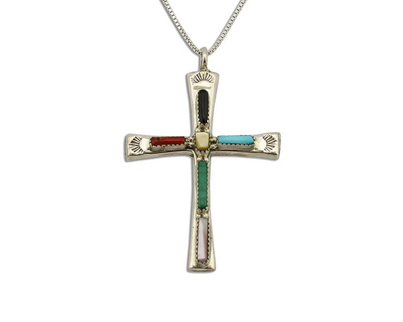 Zuni Handmade Cross Necklace 925 Silver Natural G… - image 1