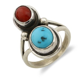 Navajo Inlay Band Ring 925 Silver Turquoise & Coral Native Artist C.80&#39;s