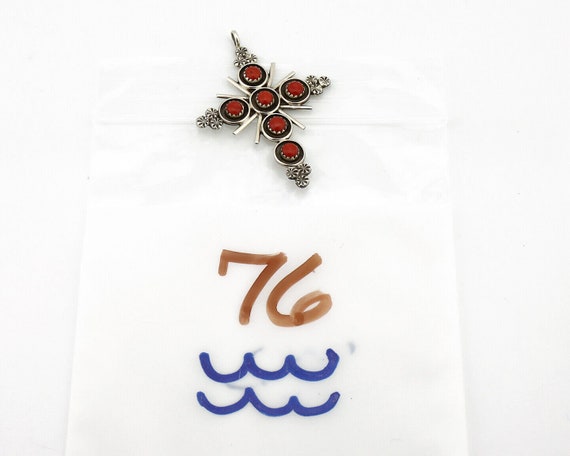 Zuni Handmade Cross Necklace 925 Silver Red Coral… - image 8