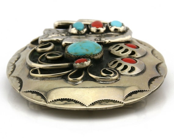 Navajo Belt Buckle .999 Nickle Turquoise & Coral … - image 6