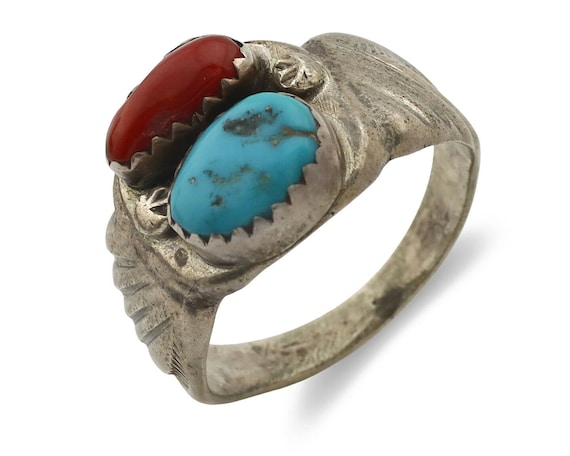 Zuni Ring .925 Silver Natural Turquoise & Coral N… - image 1
