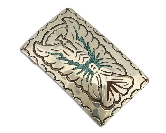 Navajo Belt Buckle 925 Silver Handmade Chip Inlay… - image 1