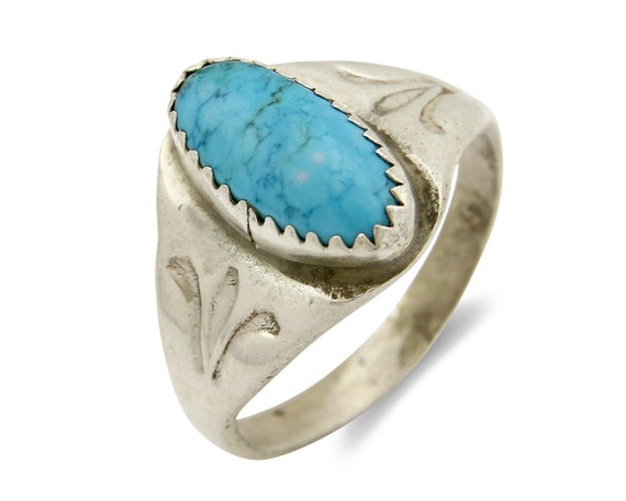 Zuni Ring .925 Silver Kingman Turquoise Hand Stam… - image 1