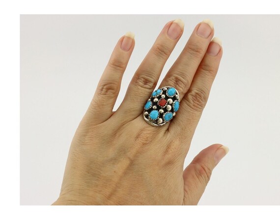 Navajo Ring 925 Silver Blue Turquiose & Coral Art… - image 8