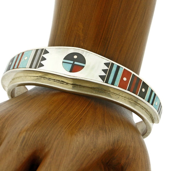 C. 1980's Signed Navajo Artist Ernest Benally Inlaid Gemstone Cuff Bracelet