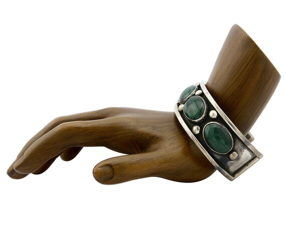 Navajo Cuff Bracelet .925 Silver Natural Malachit… - image 2