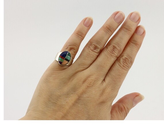 Zuni Inlaid Ring 925 Silver Mixed Natural Gemston… - image 8