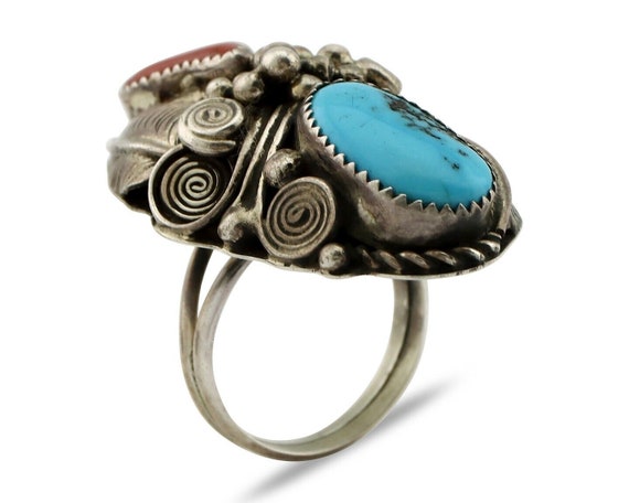 Navajo Ring 925 Silver Blue Turquiose & Coral Art… - image 2
