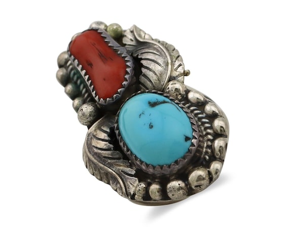 Slender Detailed Long Vintage Native American Navajo Turquoise Coral Sterling Silver Leaf Ring Slender Detailed Long Vintage Native American Navajo Turquoise Coral Sterling Silver Leaf Ring