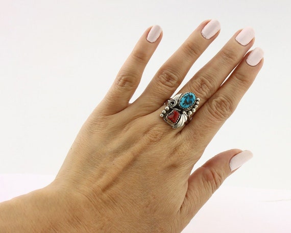 Navajo Ring .925 Silver Turquoise & Coral Artist … - image 8
