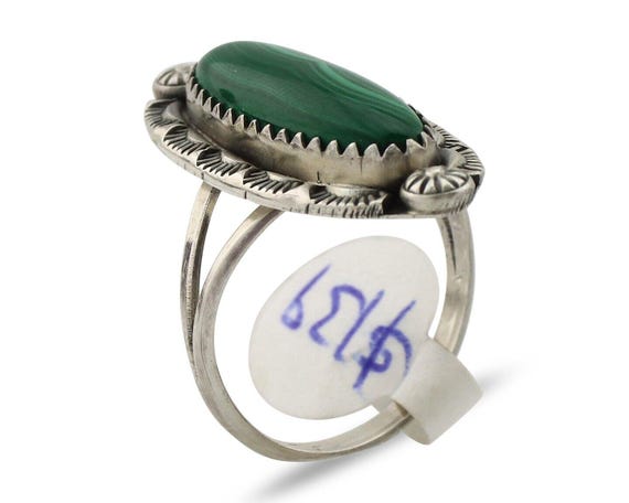 Navajo Ring .925 Silver Malachite Hand Stamped Signed Herman Lee C