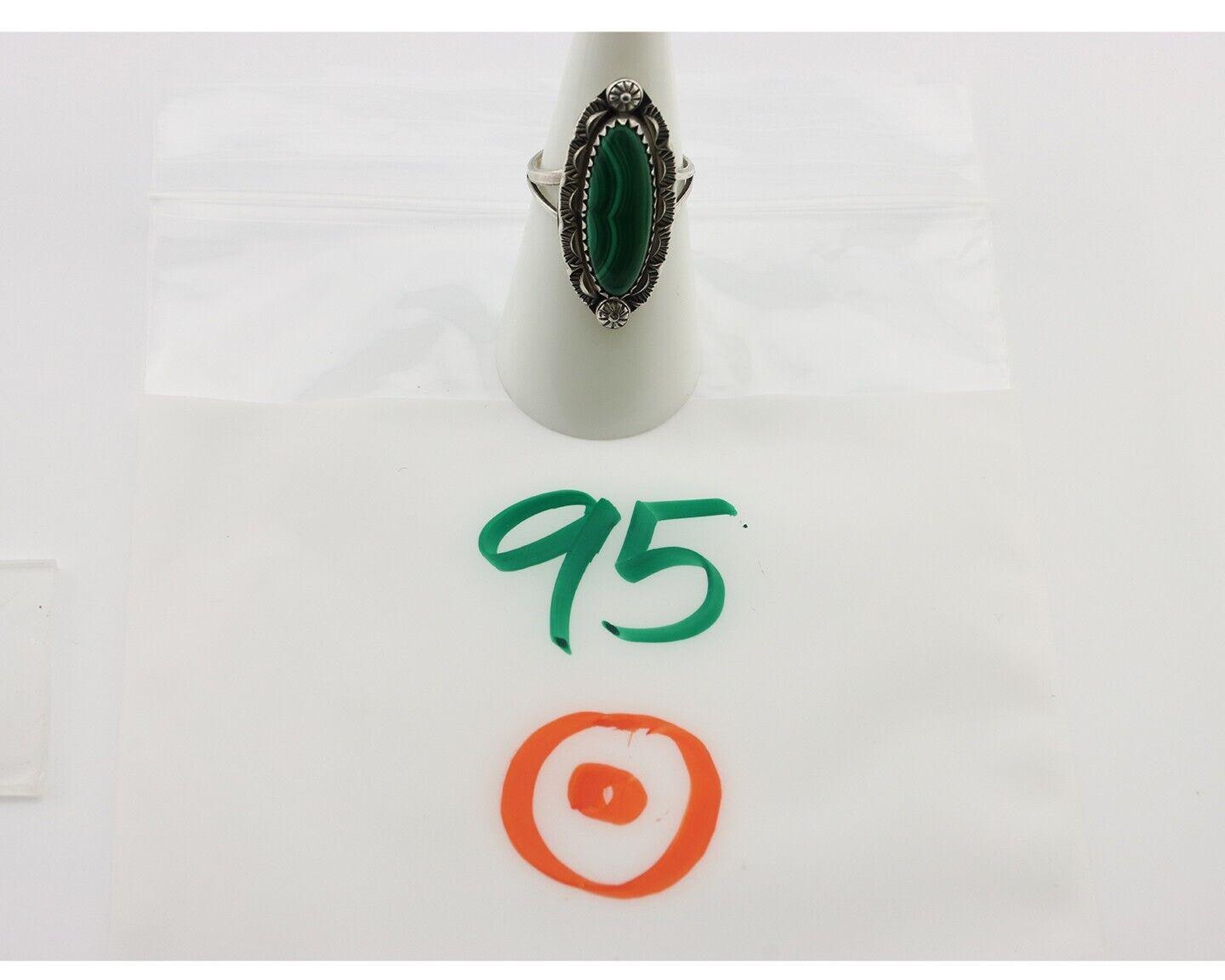 Navajo Ring .925 Silver Malachite Hand Stamped Signed Herman Lee C