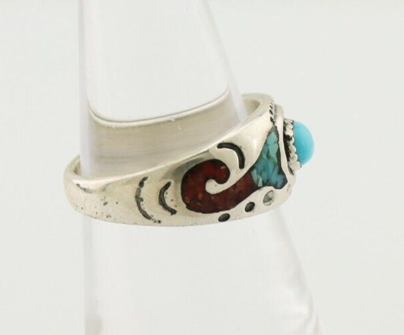 Navajo Ring 925 Silver Turquoise & Coral Natural … - image 6