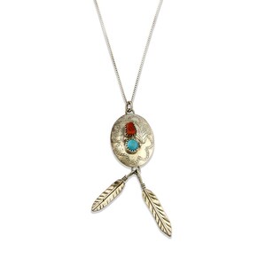 Pingente Navajo .925 Prata Turquesa e Coral Assinado pelo Artista ES C.80