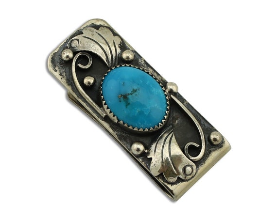 Navajo Money Clip 925 Silver & 999 Nickel Turquoi… - image 1