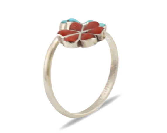 Zuni Flower Ring 925 Silver Turquoise & Coral Nat… - image 3