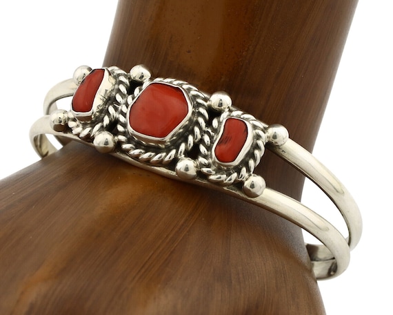 Navajo Red Coral Bracelet .925 Silver Native American Artist Navajo Red Coral Bracelet .925 Silver Native American Artist