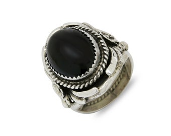 Zuni Artist Susie Calavaza Handmade Stamped Natural Onyx .925 Silver Ring