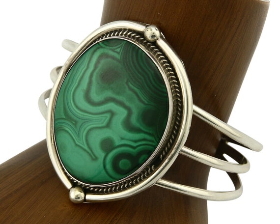 Navajo Malachite Bracelet SOLID .925 Silver Signe… - image 1