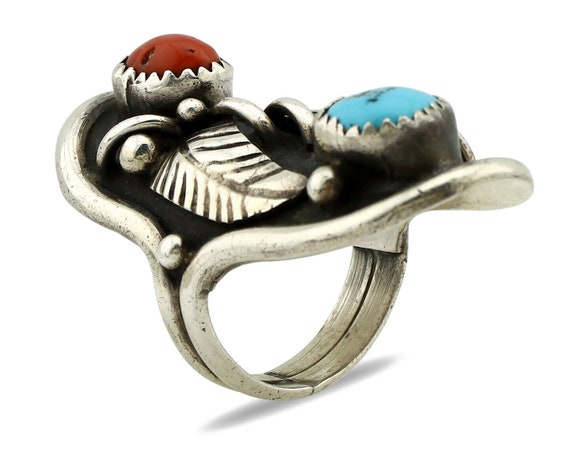 Navajo Ring 925 Silver Turquoise & Coral Artist S… - image 2