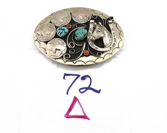 Navajo Horse Belt Buckle Nickle Silver Gemstone Handmade  display picture 3