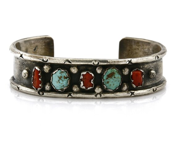 Navajo Bracelet .925 Silver Red Coral & Turquoise… - image 4