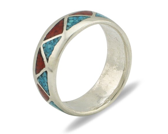 Navajo Ring 925 Silver Natural Turquoise & Coral … - image 2