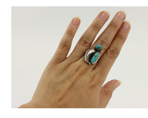 Navajo 2 Stone Ring 925 Silver Kingman Turquoise … - image 8