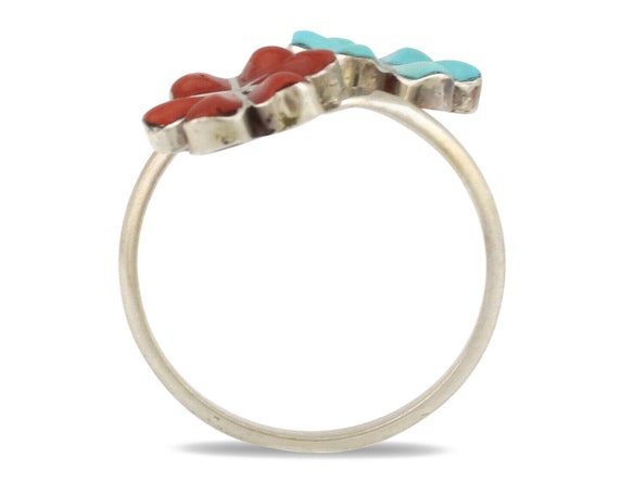 Zuni Flower Ring 925 Silver Turquoise & Coral Nat… - image 2