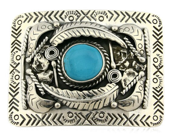 Navajo Belt Buckle .925 Silver Turquoise Mountain Artist Navajo Belt Buckle .925 Silver Turquoise Mountain Artist