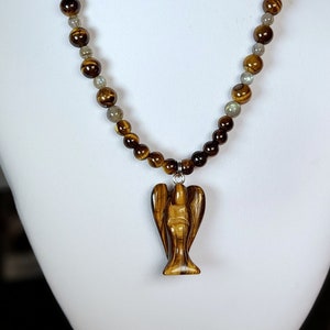 Tigers Eye Angel sterling silver natural crystal necklace with all grade AAA Tigers Eye and AAAA grade Labradorite beads