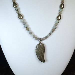 Hand carved Pyrite Angel wing sterling silver natural crystal necklace with grade AAA beads of Pyrite & Sesame Jasper plus AAA+ Labradorite