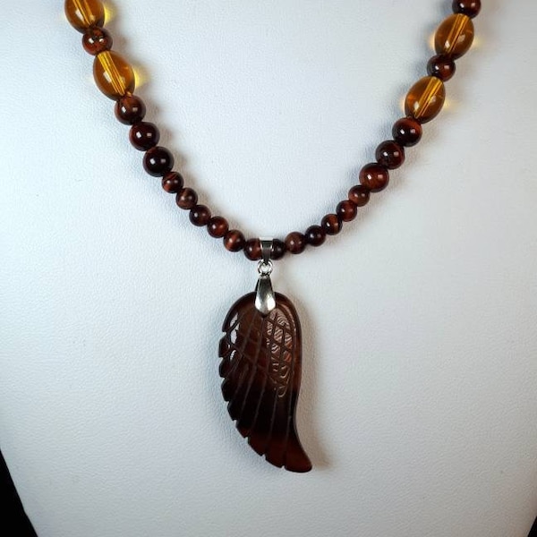 Red / Brown Tiger's Eye Angel wing sterling silver natural crystal necklace with Red Brown Tiger's Eye and Golden Topaz beads