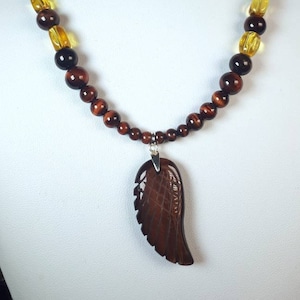 Red / Brown Tiger&#39;s Eye Angel wing sterling silver natural crystal necklace with Red Brown Tiger&#39;s Eye and Golden Citrine nugget beads