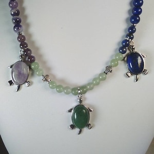 Triple turtle pendant natural crystal necklace with Green Aventurine, Lapis Lazuli and Chevron Amethyst beads