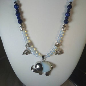 Opalite elephant crystal necklace with Opalite and Lapis Lazuli beads