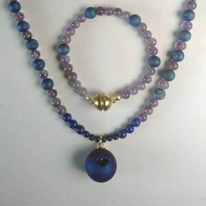 Rainbow Titanium Blue Druzy Agate Ball 24kt gold plated sterling silver natural crystal necklace + Amethyst, Lapis Lazuli & free bracelet