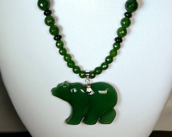 Green Jade polar bear sterling silver natural crystal necklace with all grade AAA faceted beads of Green Taiwan Jade / Jadeite