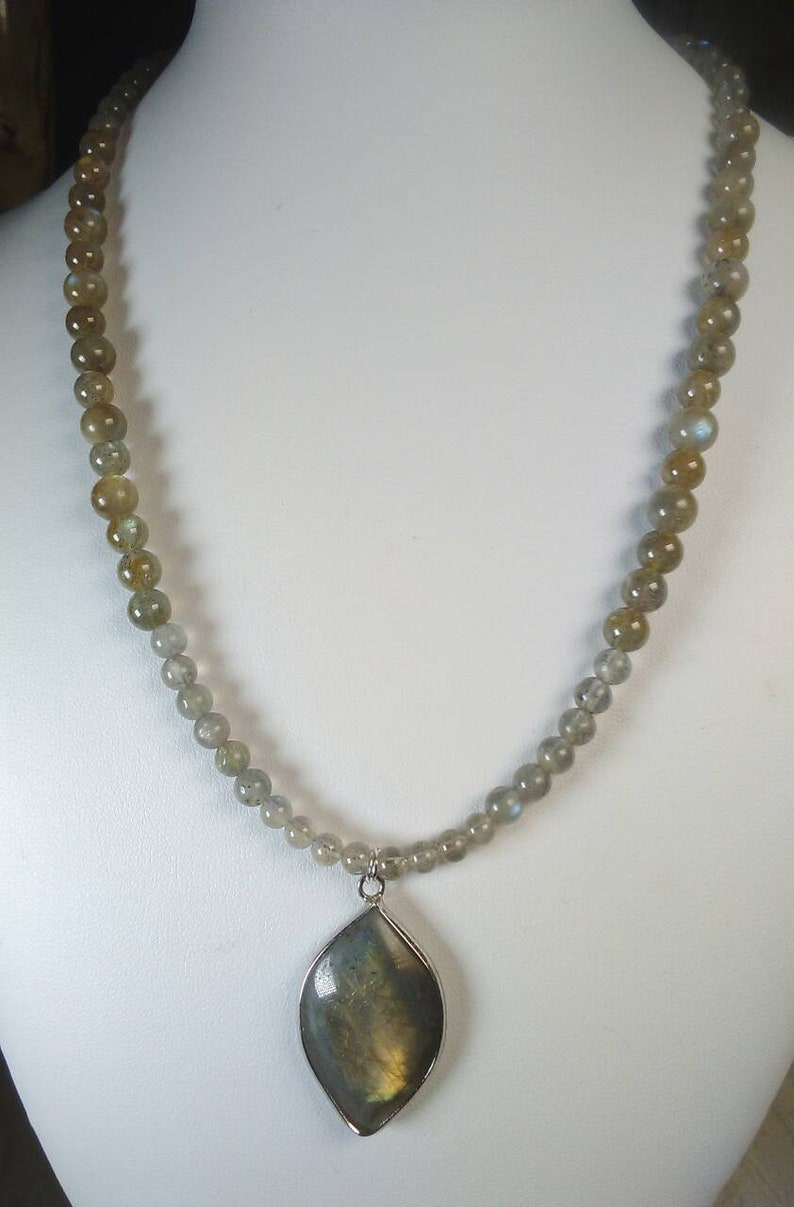 All Labradorite sterling silver natural crystal necklace with a pointed drop shape pendant all AAAA grade beads plus free ear rings