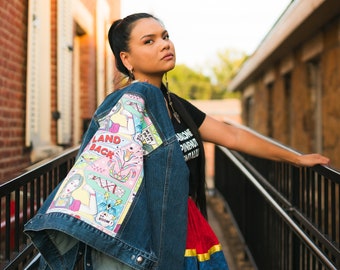 Upcycled Carhartt jacket with custom native american comic fabric