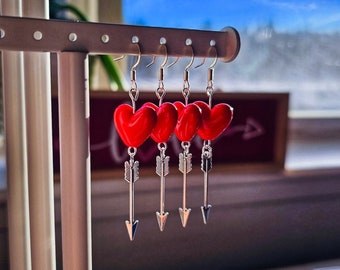 Cupid earrings-red hearts with arrow charms, sterling silver hooks