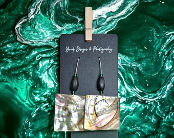 Native made, hand-cut abalone square earrings with blackened pine nuts and beads. Customization available, see description