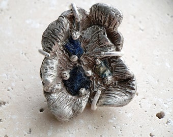 Lost wax cast and prong set sterling silver and blue Australian raw sapphire brooch, unique, handmade, fungi natural form, wearable art