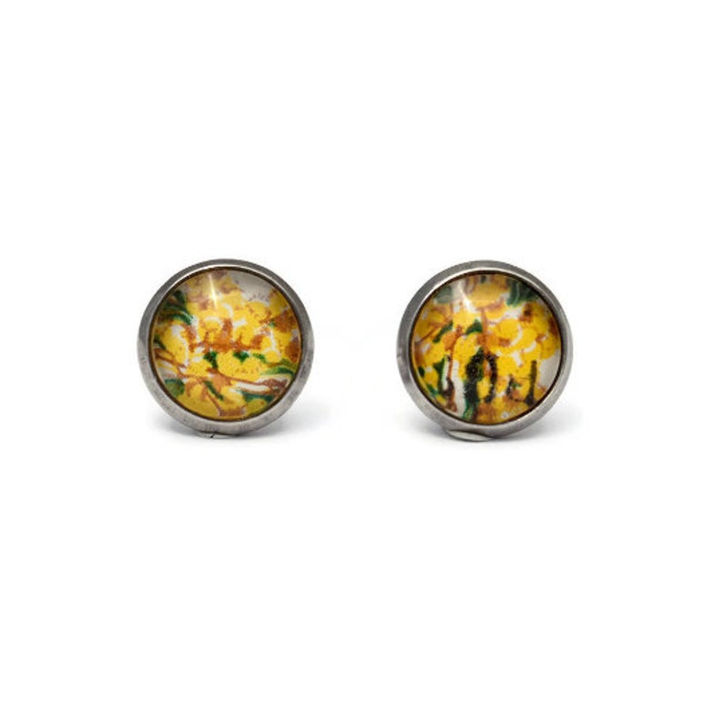 Vintage Flower Postage Stamp Stud Earrings, Gift for Her, Floral, Stainless Steel Studs, Yellow, Wattle, Favors, Botany, Upcycle, Recycle image 1