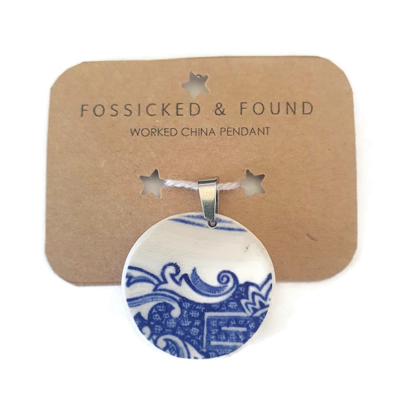Worked China Pendant with Stainless Steel Bail, Handmade, Upcycle, Blue, Floral Motif, Retro, Vintage, Unique, Recycle