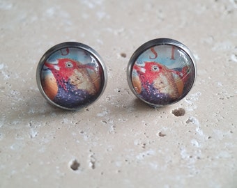 Vintage Stamp Stud Earrings, Assorted Designs, Stainless Steel, Nature, Flora, Fauna, Fun, Gift, Science, Handmade, Upcycled, 12mm