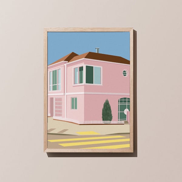 San Francisco Suburbia Print, A4/A3, Mid Century Poster, Pastel Art, Minimal, Art Deco Architecture, USA, Home Decor, Wall Art.